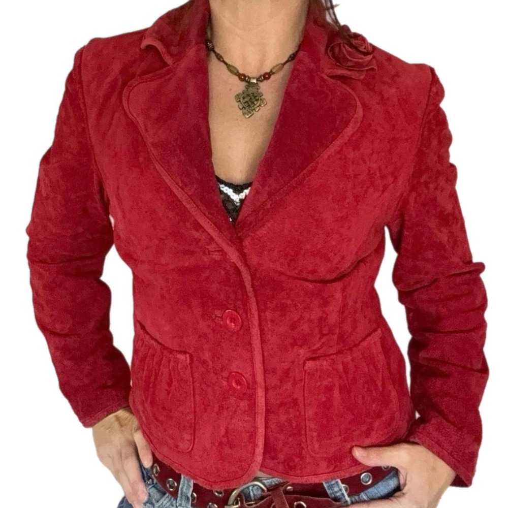 Vintage Red Suede Leather Jacket Womens S 90s Retro Chic Indie Sleaze Romantic